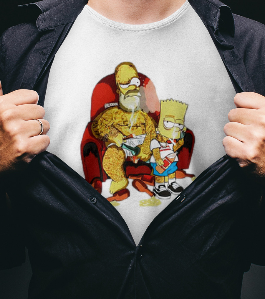 Homer Simpson Bart Simpson Gangster Smoking Money Sitting Chair T-Shirt