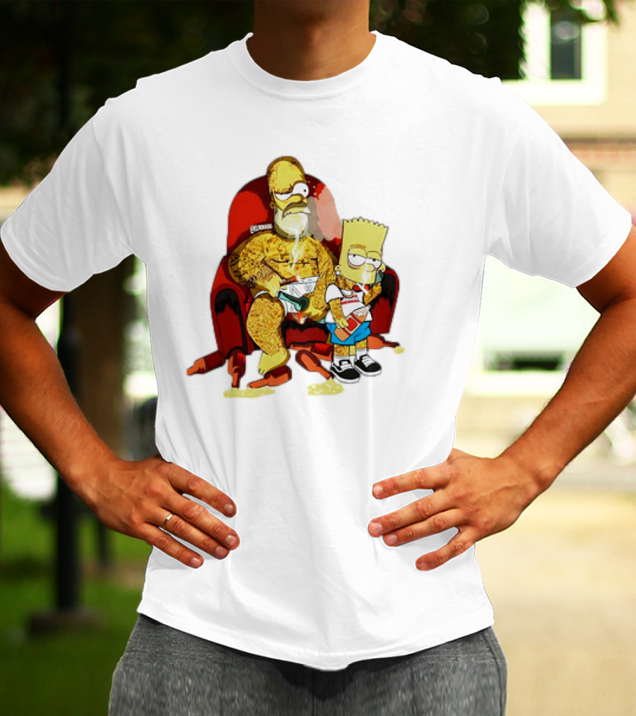 Homer Simpson Bart Simpson Gangster Smoking Money Sitting Chair T-Shirt