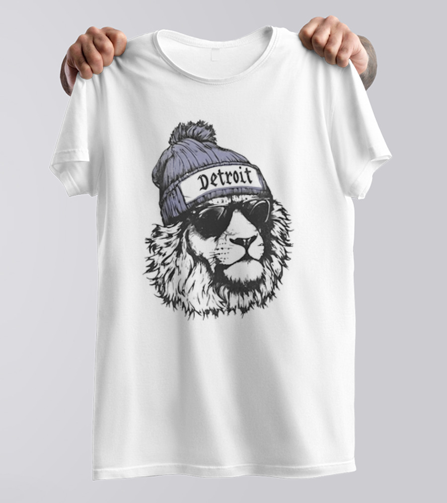 Detroit Lion Wearing Sunglasses And Beanie T-Shirt