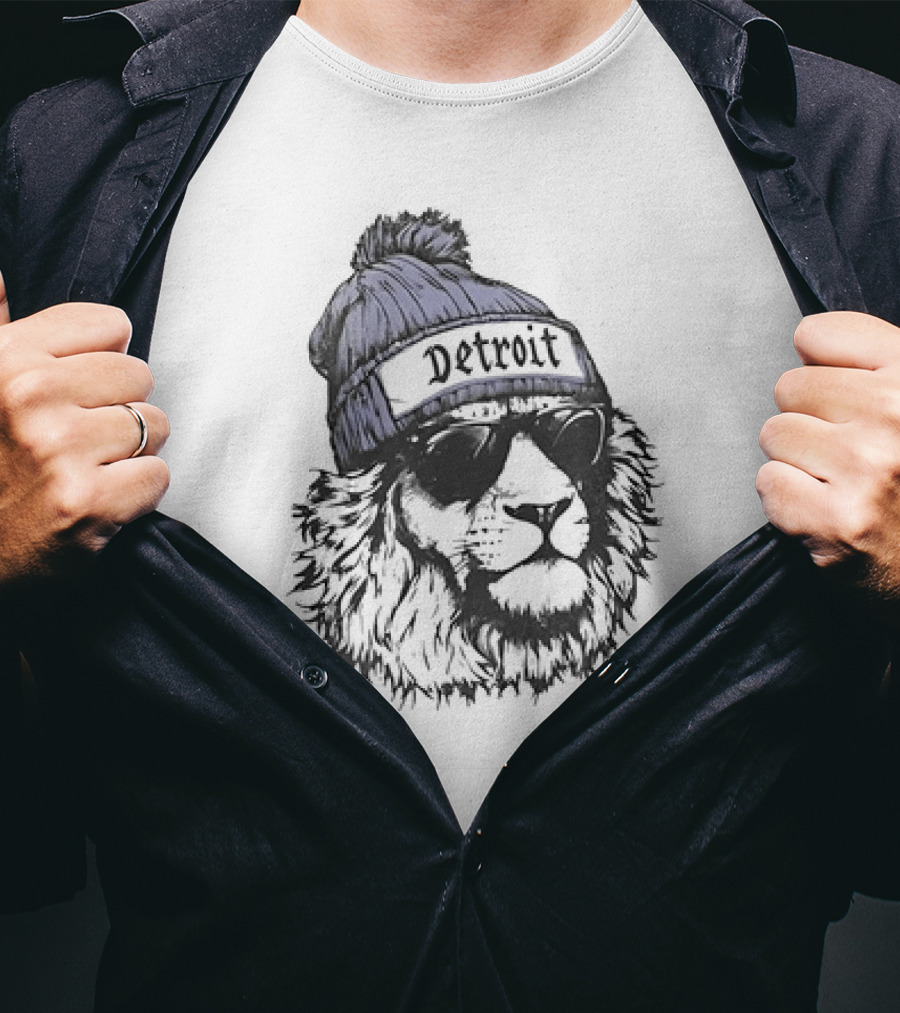Detroit Lion Wearing Sunglasses And Beanie T-Shirt