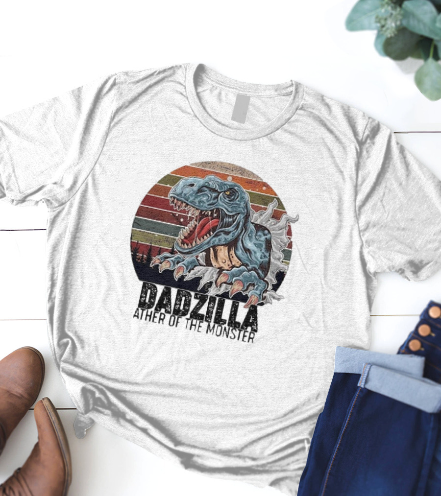 Dadzilla Ather Of The Monster Vintage Dinosaur Retro Stripes T-Shirt