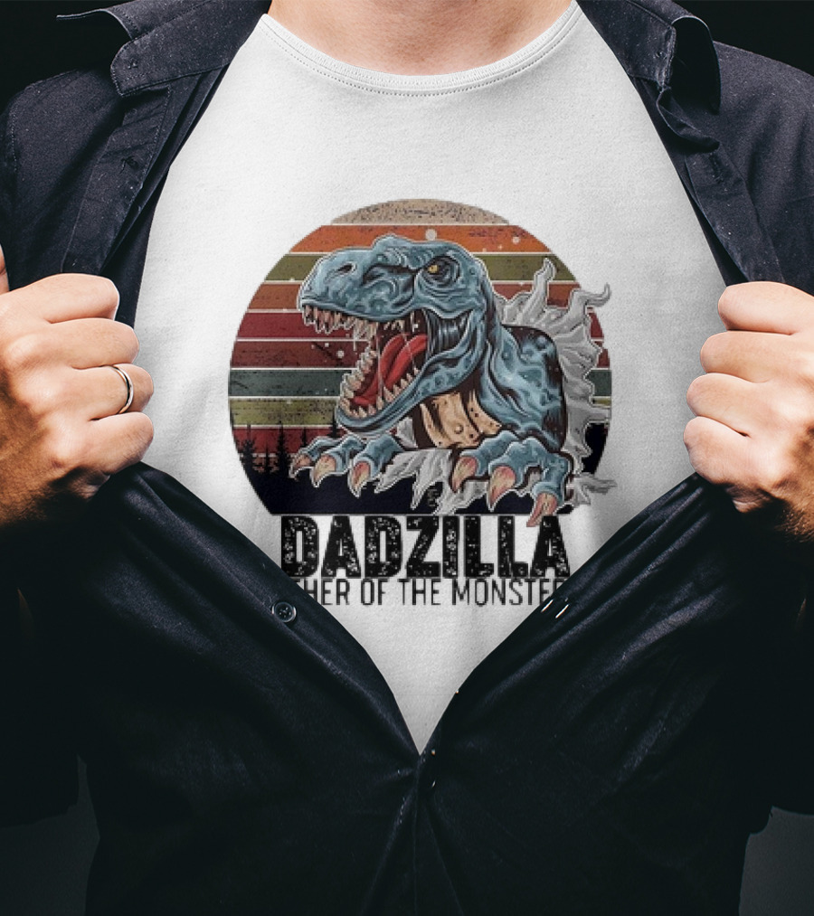 Dadzilla Ather Of The Monster Vintage Dinosaur Retro Stripes T-Shirt