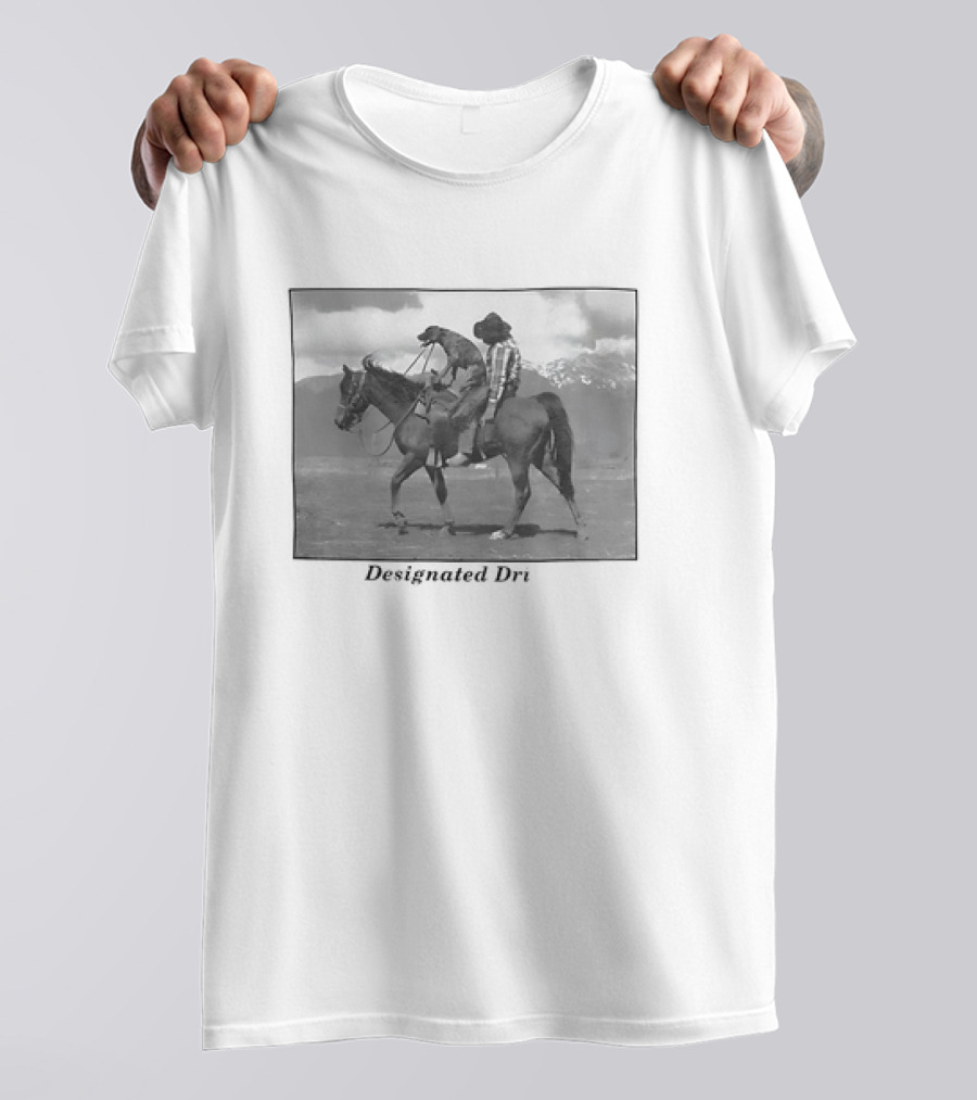 Montana Designated Dri Horseback Rider Cowboy And Dog Scenic Background T-Shirt