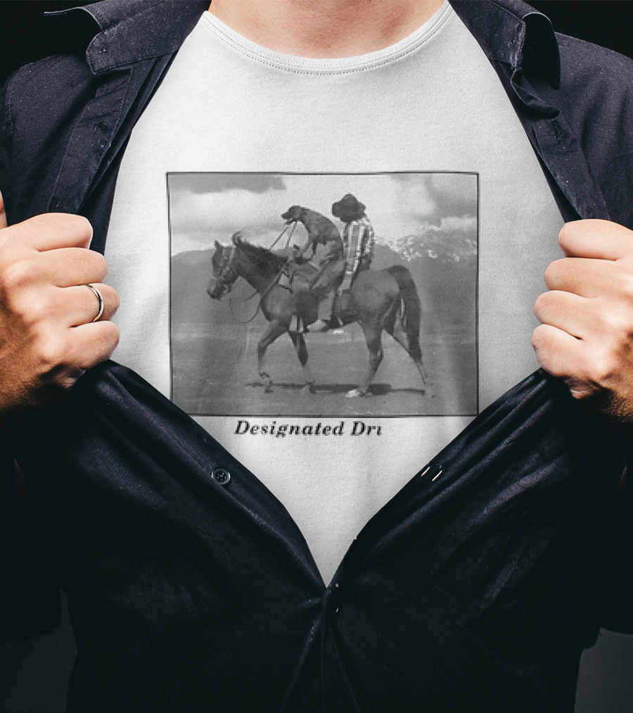 Montana Designated Dri Horseback Rider Cowboy And Dog Scenic Background T-Shirt