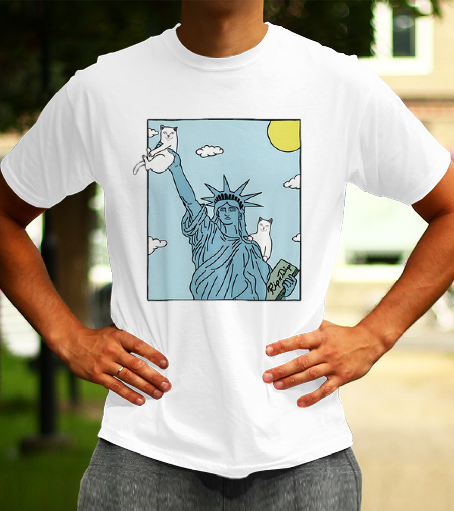 Statue Of Liberty With Cats And Rip N Dip Clouds T-Shirt
