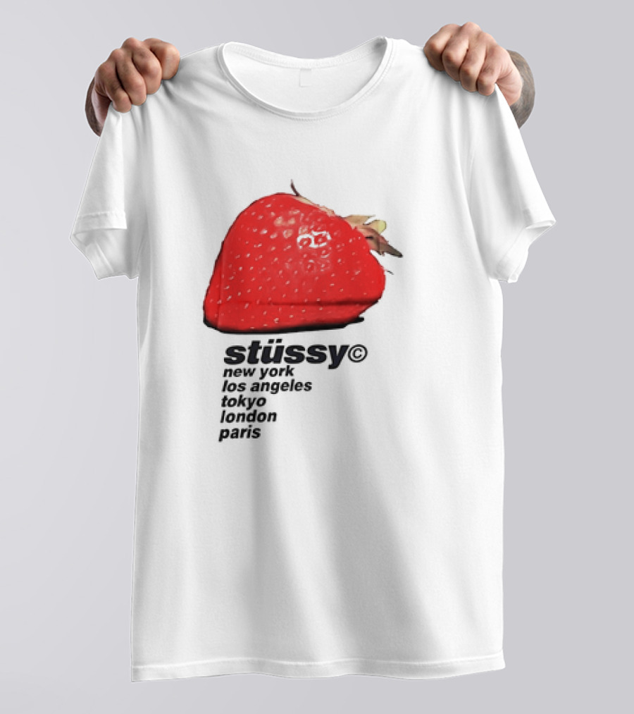 Stussy Strawberry Design New York Los Angeles Tokyo London Paris T-Shirt