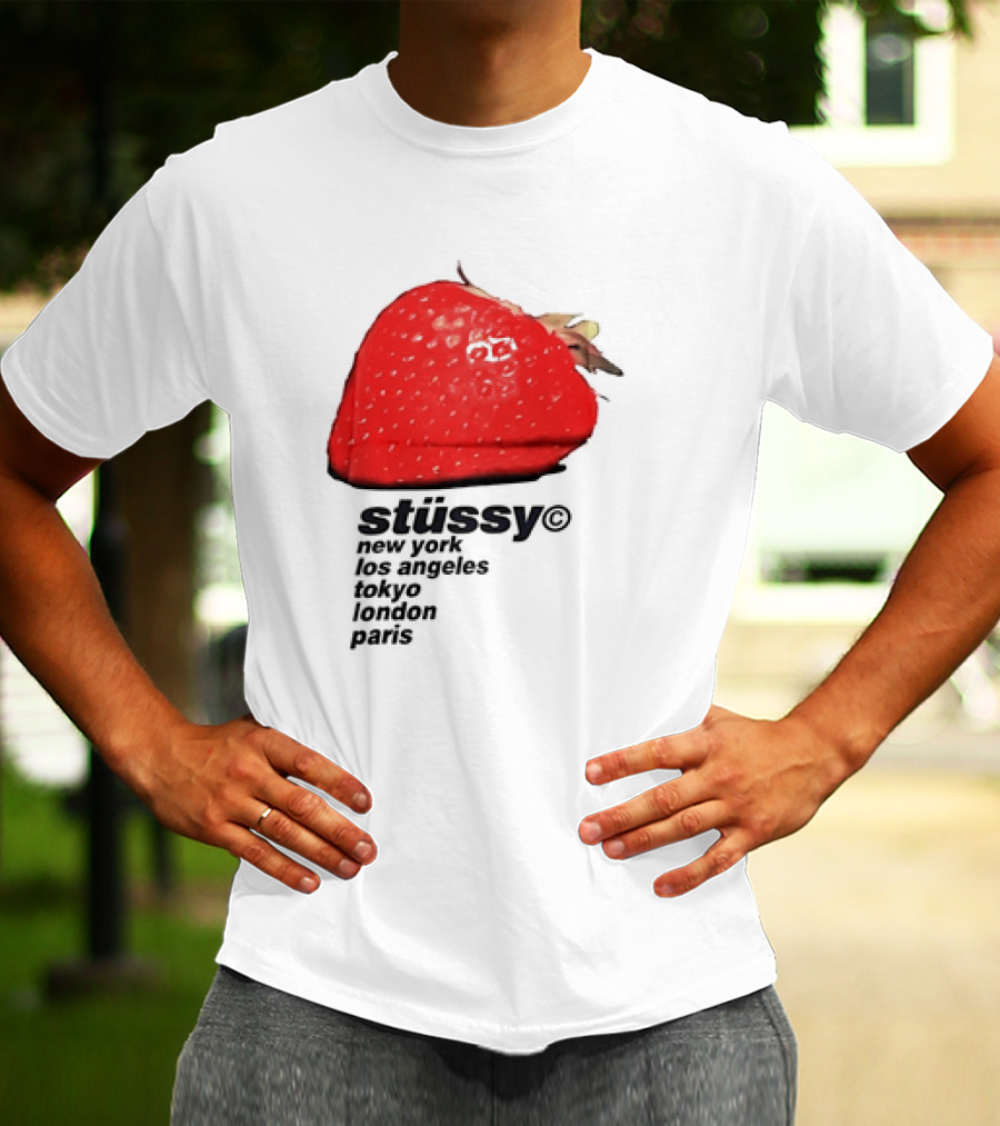 Stussy Strawberry Design New York Los Angeles Tokyo London Paris T-Shirt