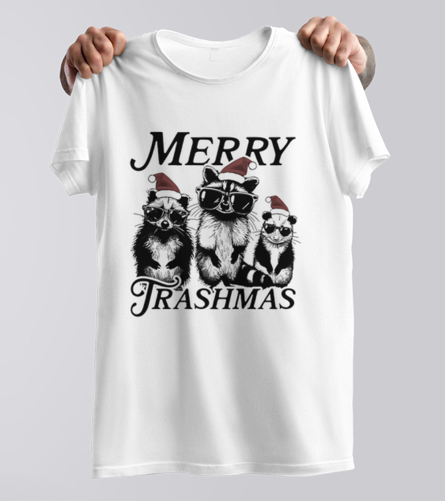 Merry Trashmas Raccoons In Santa Hats With Sunglasses Christmas T-Shirt