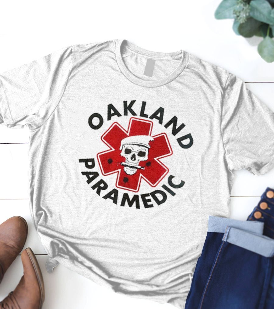 Oakland Paramedic Skull With Santa Hat And Red Cross T-Shirt
