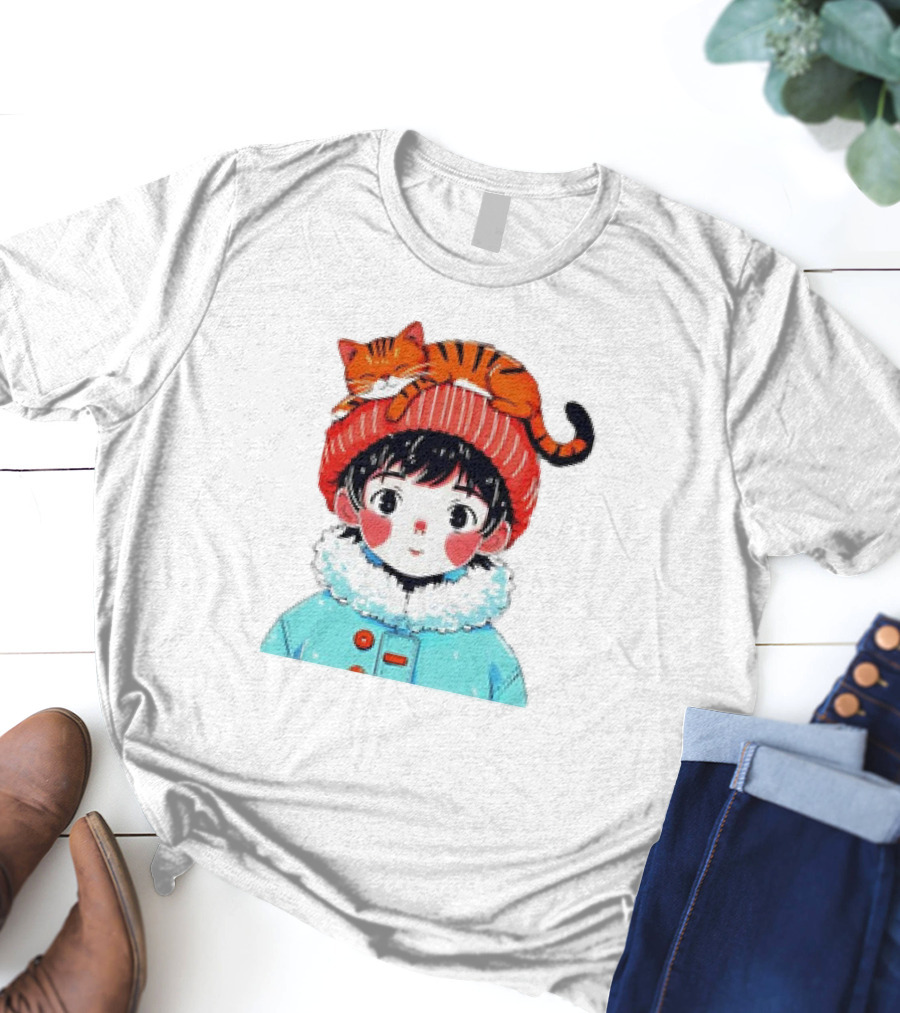 Cute Anime Child In Winter Coat With Adorable Cat Hat T-Shirt