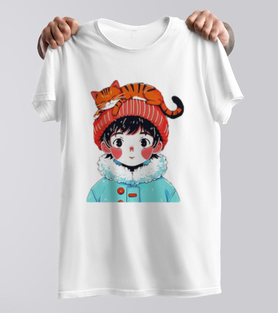 Cute Anime Child In Winter Coat With Adorable Cat Hat T-Shirt