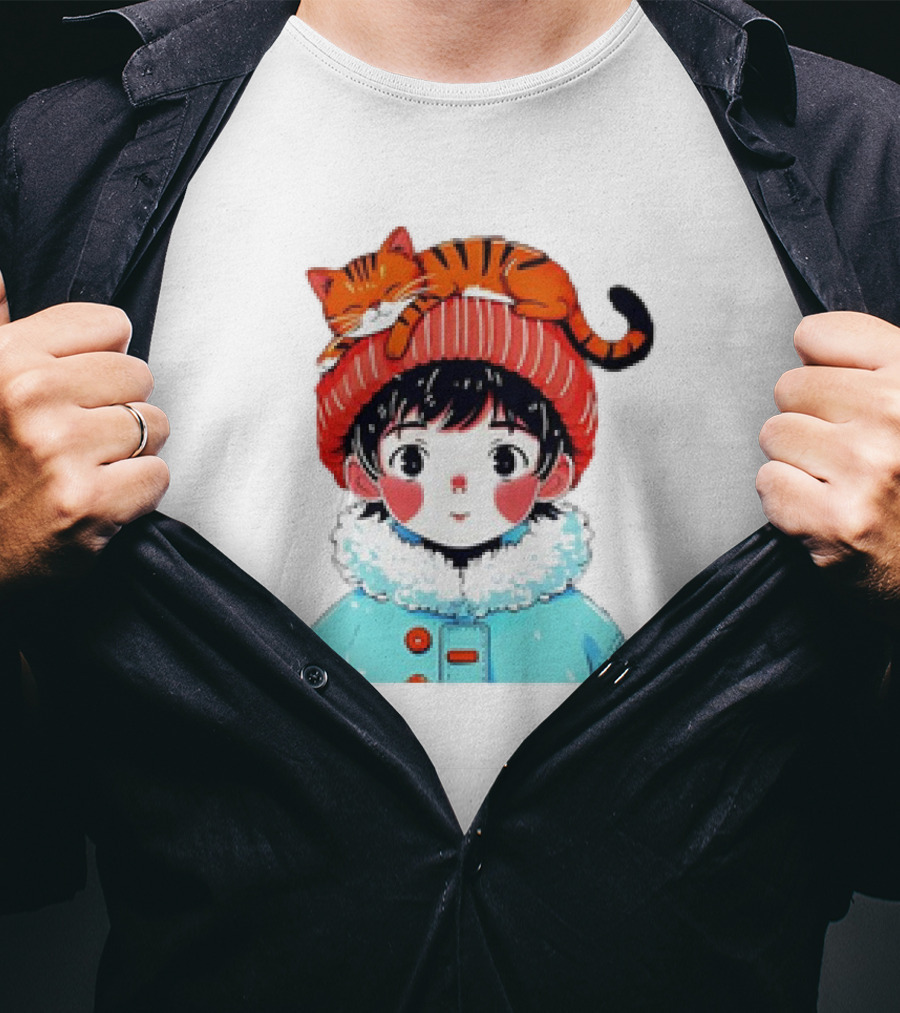Cute Anime Child In Winter Coat With Adorable Cat Hat T-Shirt