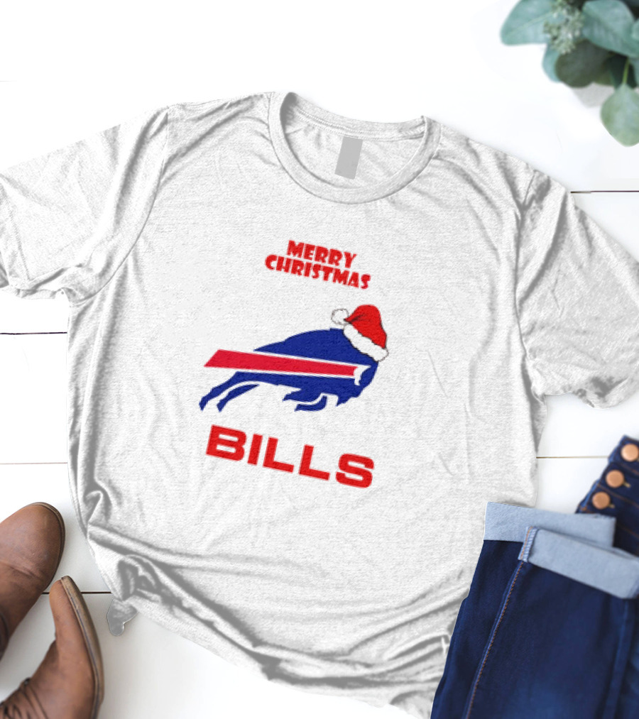 Merry Christmas Bills Santa Hat Logo Football Fan Gear T-Shirt