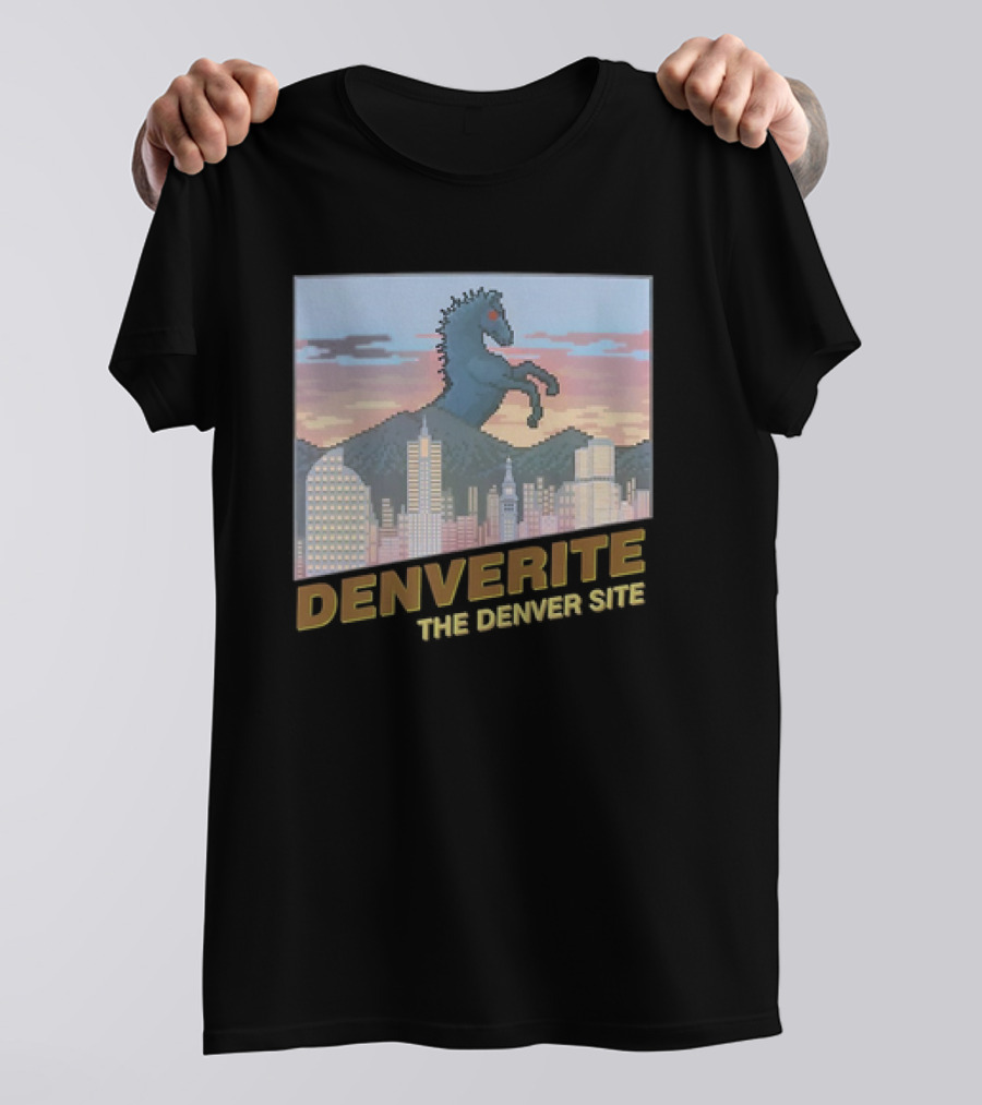 Denverite The Denver Site City Skyline And Rearing Blue Mustang T-Shirt