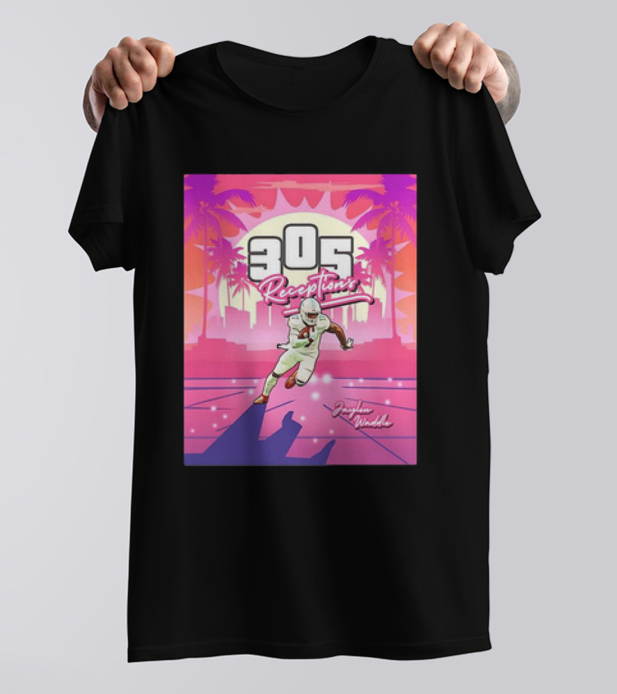 Jaylen Waddle 305 Receptions Miami Dolphins Tropical Sunset Scene T-Shirt