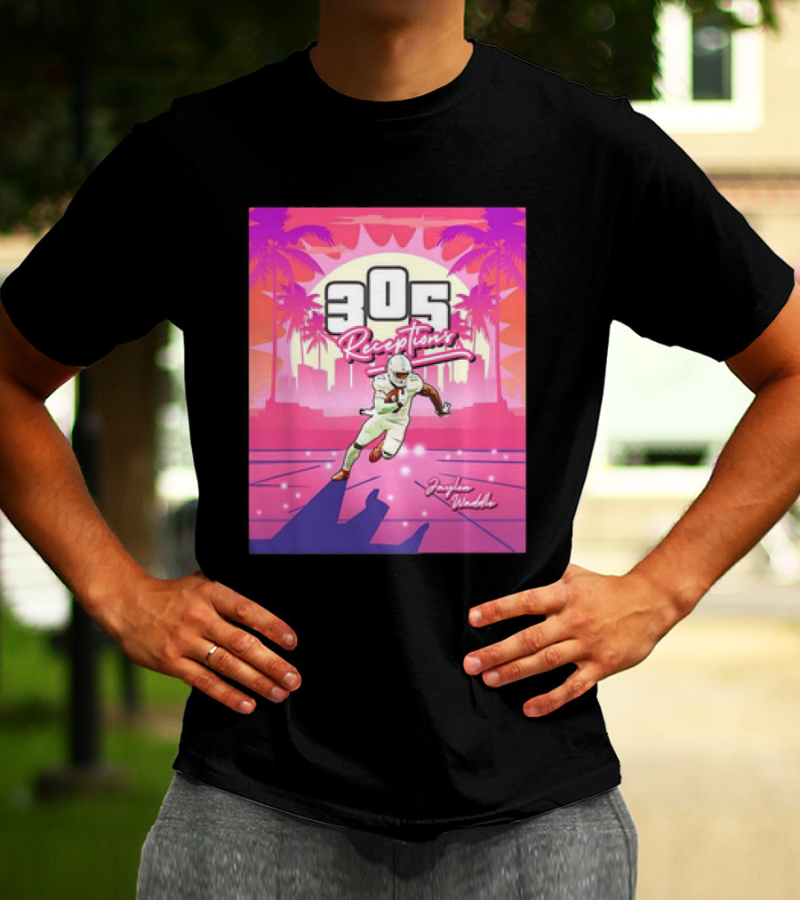 Jaylen Waddle 305 Receptions Miami Dolphins Tropical Sunset Scene T-Shirt