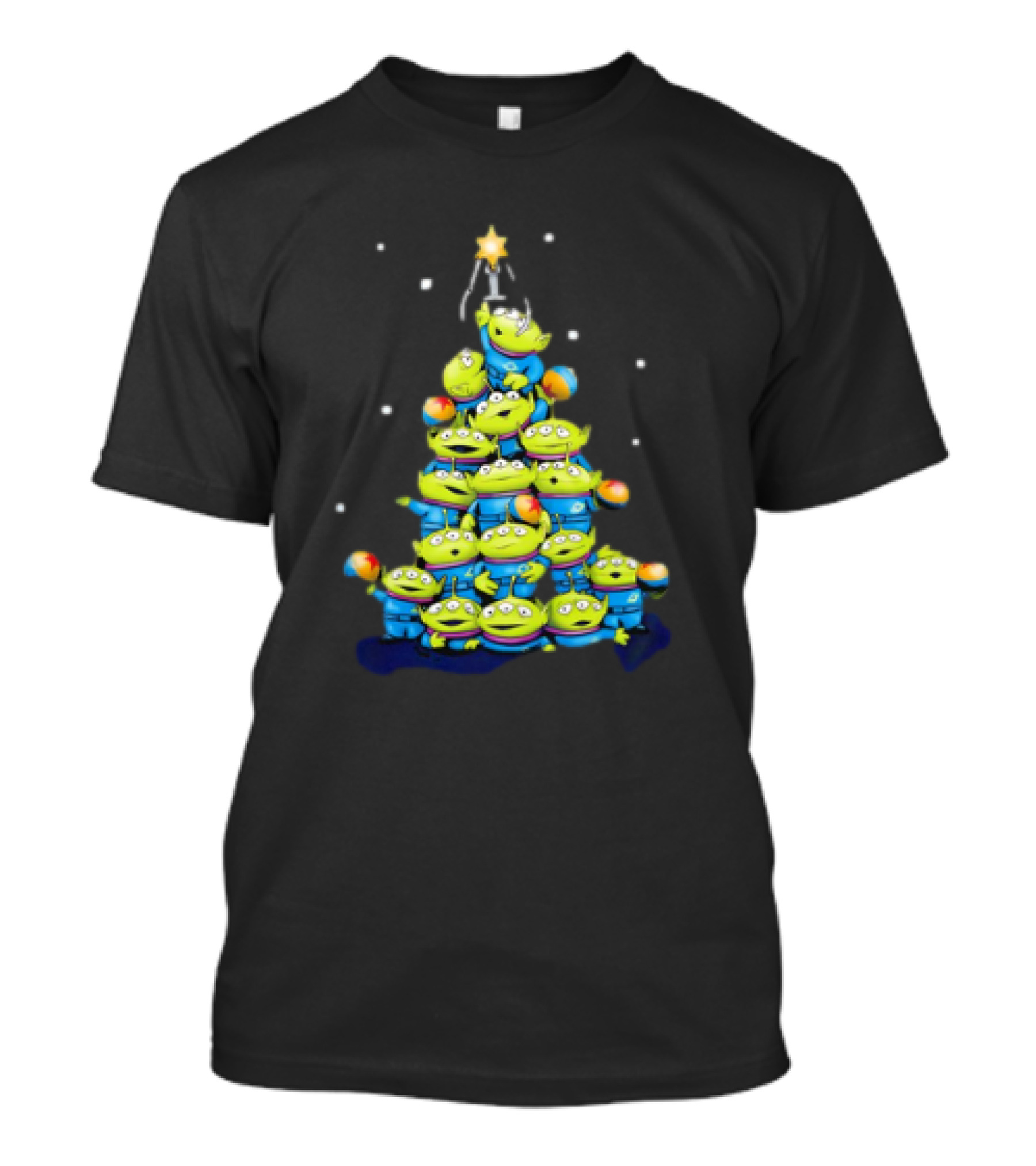 Aliens From Toy Story Forming Christmas Tree Tower With Star And Snowflakes T-Shirt