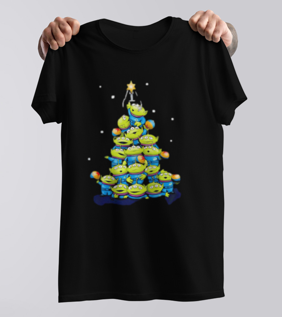 Aliens From Toy Story Forming Christmas Tree Tower With Star And Snowflakes T-Shirt