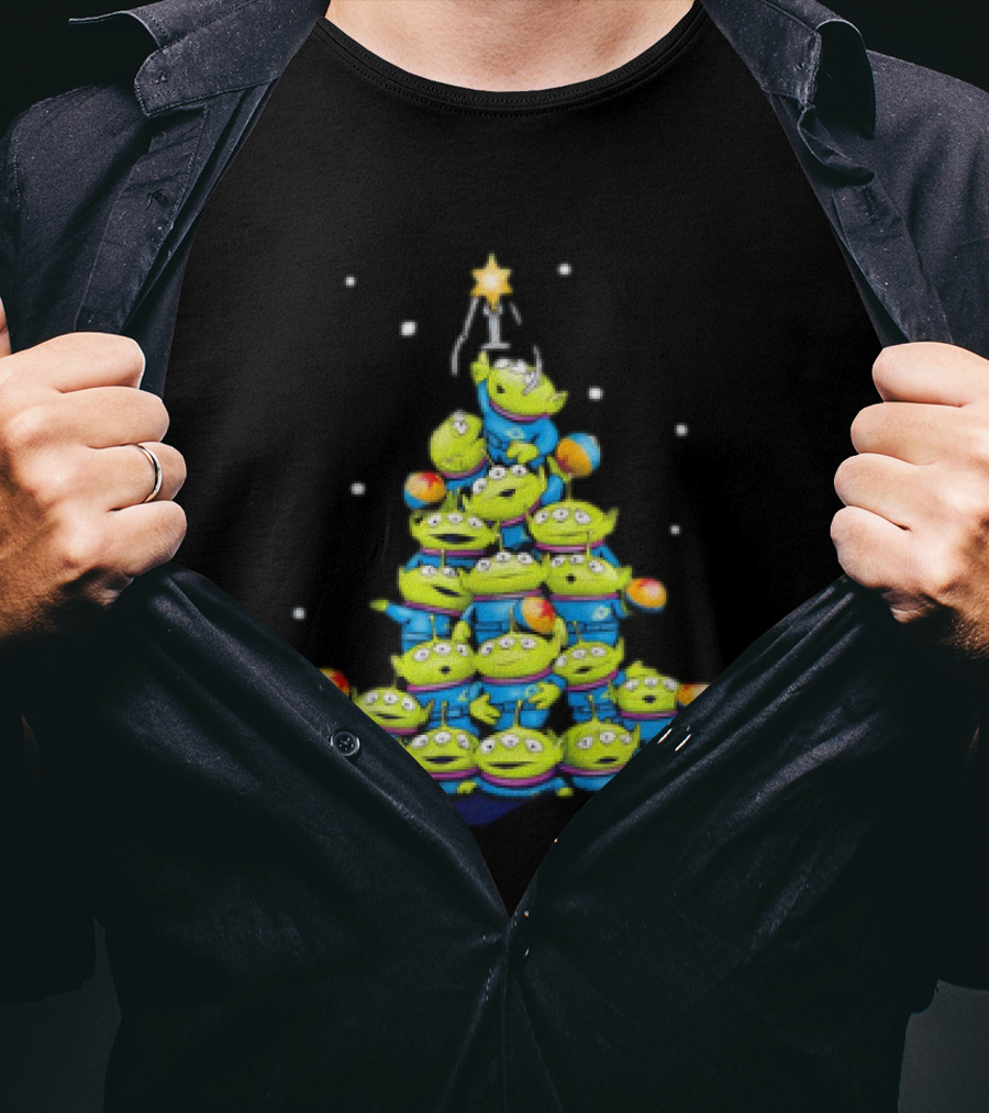 Aliens From Toy Story Forming Christmas Tree Tower With Star And Snowflakes T-Shirt