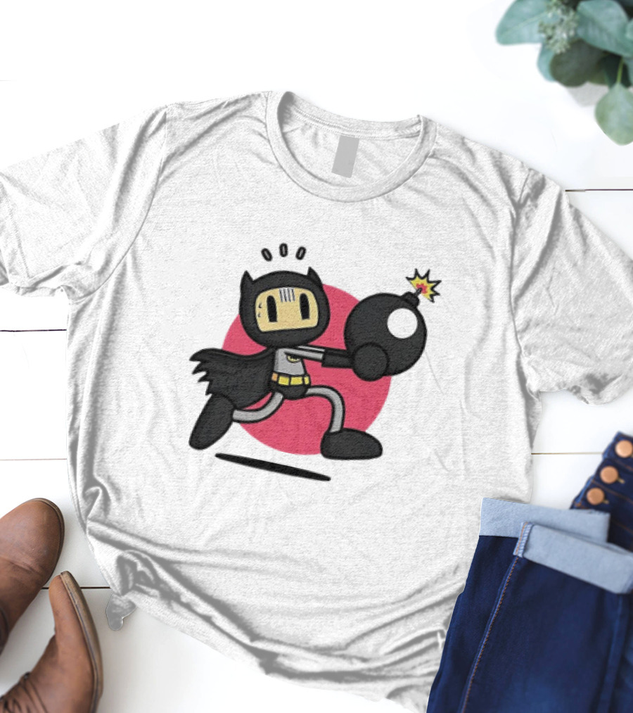 Batman Meets Bomberman Crossover With Iconic Superhero Cape And Explosive Action T-Shirt
