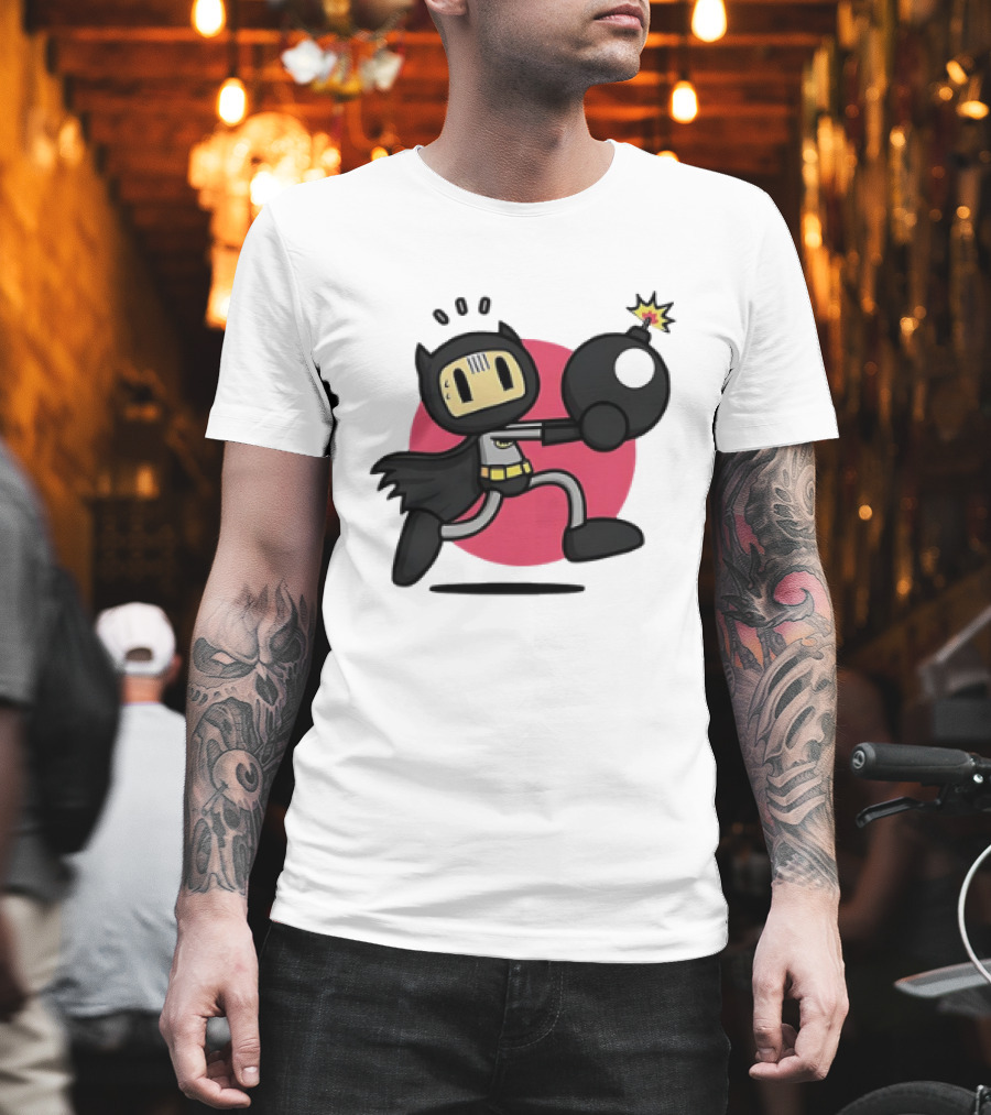 Batman Meets Bomberman Crossover With Iconic Superhero Cape And Explosive Action T-Shirt
