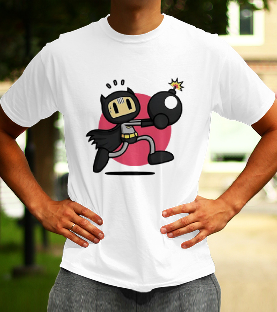 Batman Meets Bomberman Crossover With Iconic Superhero Cape And Explosive Action T-Shirt