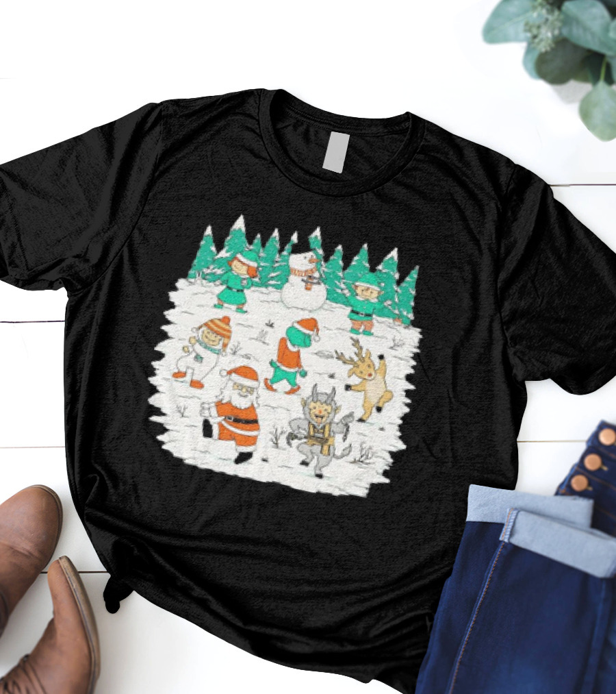 Christmas Dance Party With Santa, Krampus, Grinch, Snowman, And Reindeer In Winter Forest T-Shirt