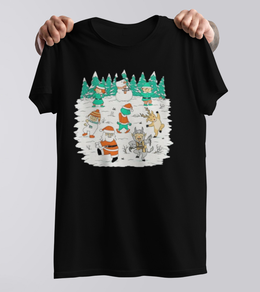 Christmas Dance Party With Santa, Krampus, Grinch, Snowman, And Reindeer In Winter Forest T-Shirt