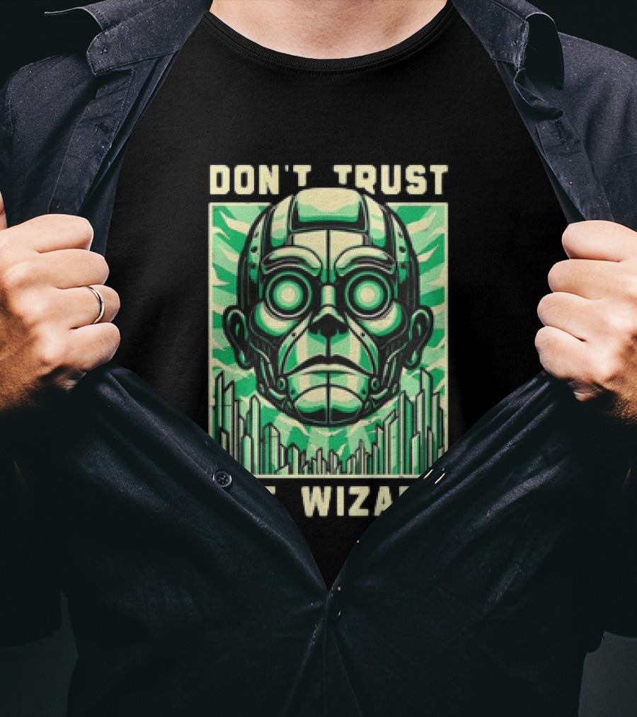 Don't Trust The Wizard Futuristic Metallic Face With Green Shards T-Shirt