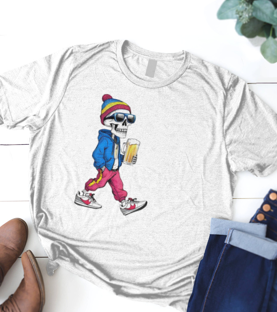 Skeleton Somewhere It's Beer Time Walking With A Mug T-Shirt