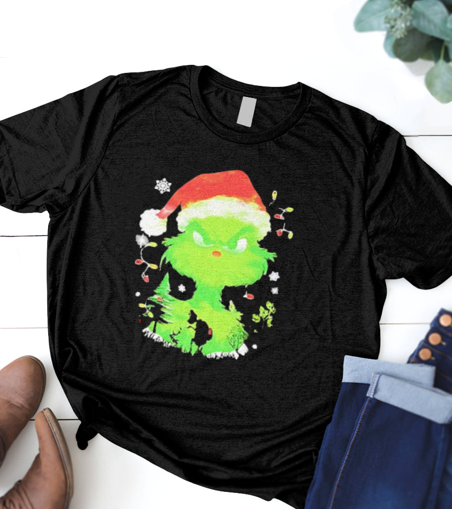 Grinch In Santa Hat Surrounded By Snowflakes And Christmas Lights T-Shirt