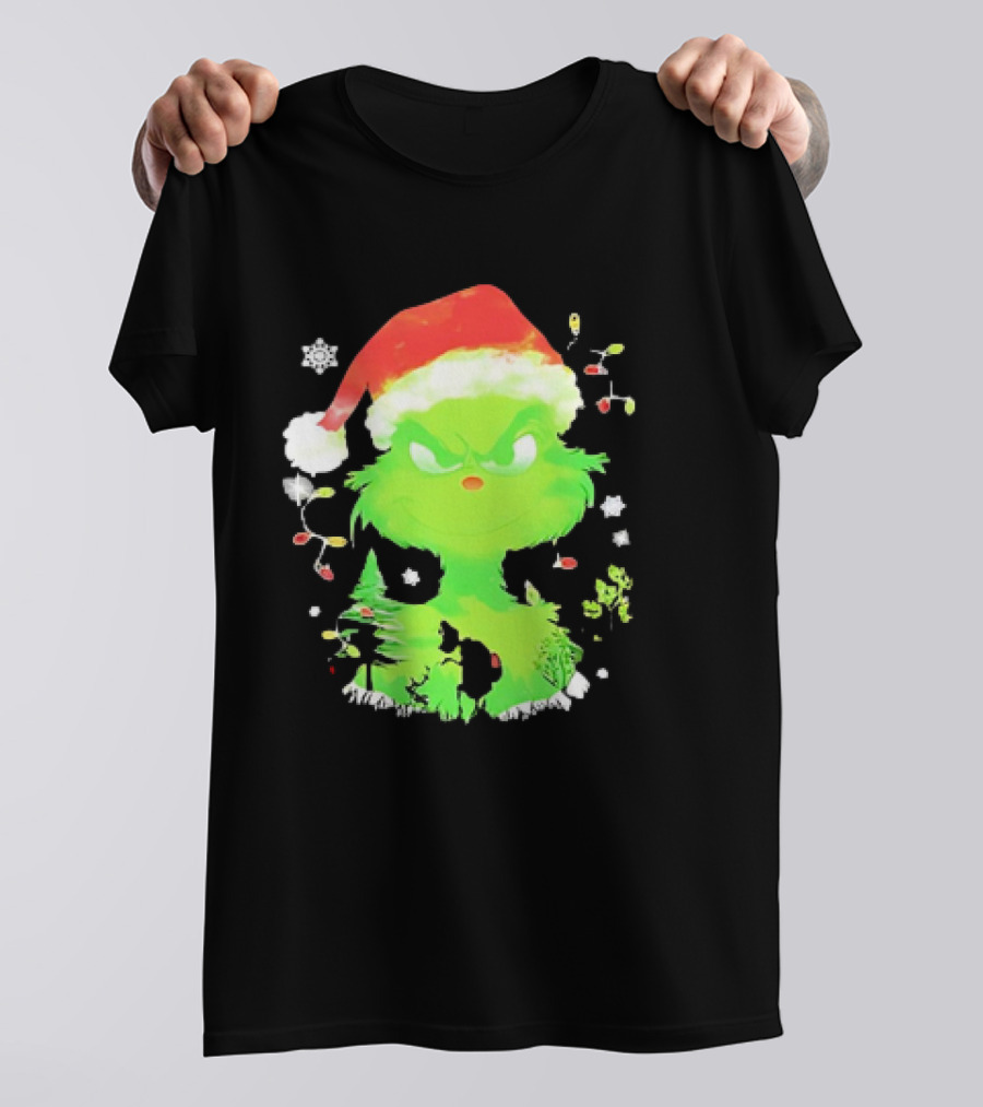 Grinch In Santa Hat Surrounded By Snowflakes And Christmas Lights T-Shirt