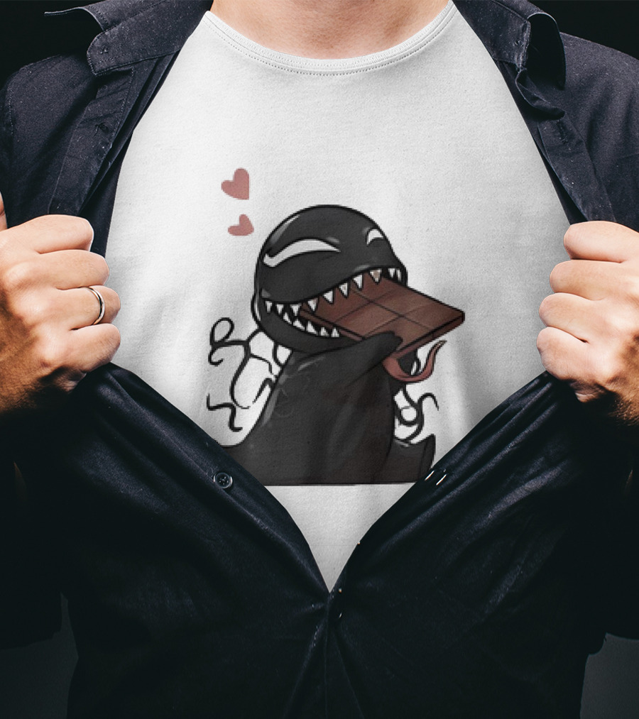 Venom Eating Chocolate Cartoon Meme With Hearts T-Shirt