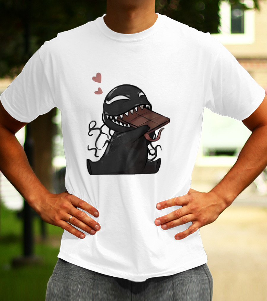 Venom Eating Chocolate Cartoon Meme With Hearts T-Shirt