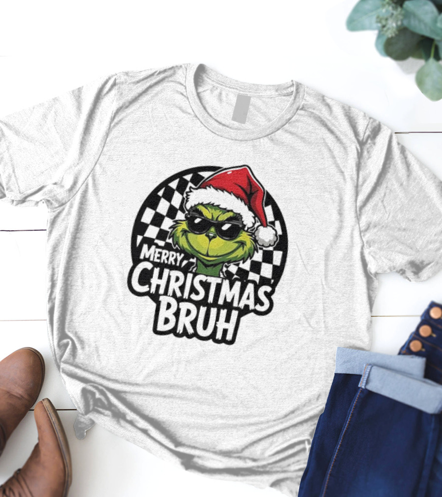 Merry Christmas Bruh Grinch With Santa Hat And Checkered Flags T-Shirt