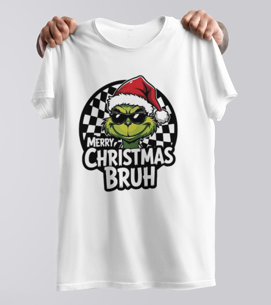 Merry Christmas Bruh Grinch With Santa Hat And Checkered Flags T-Shirt