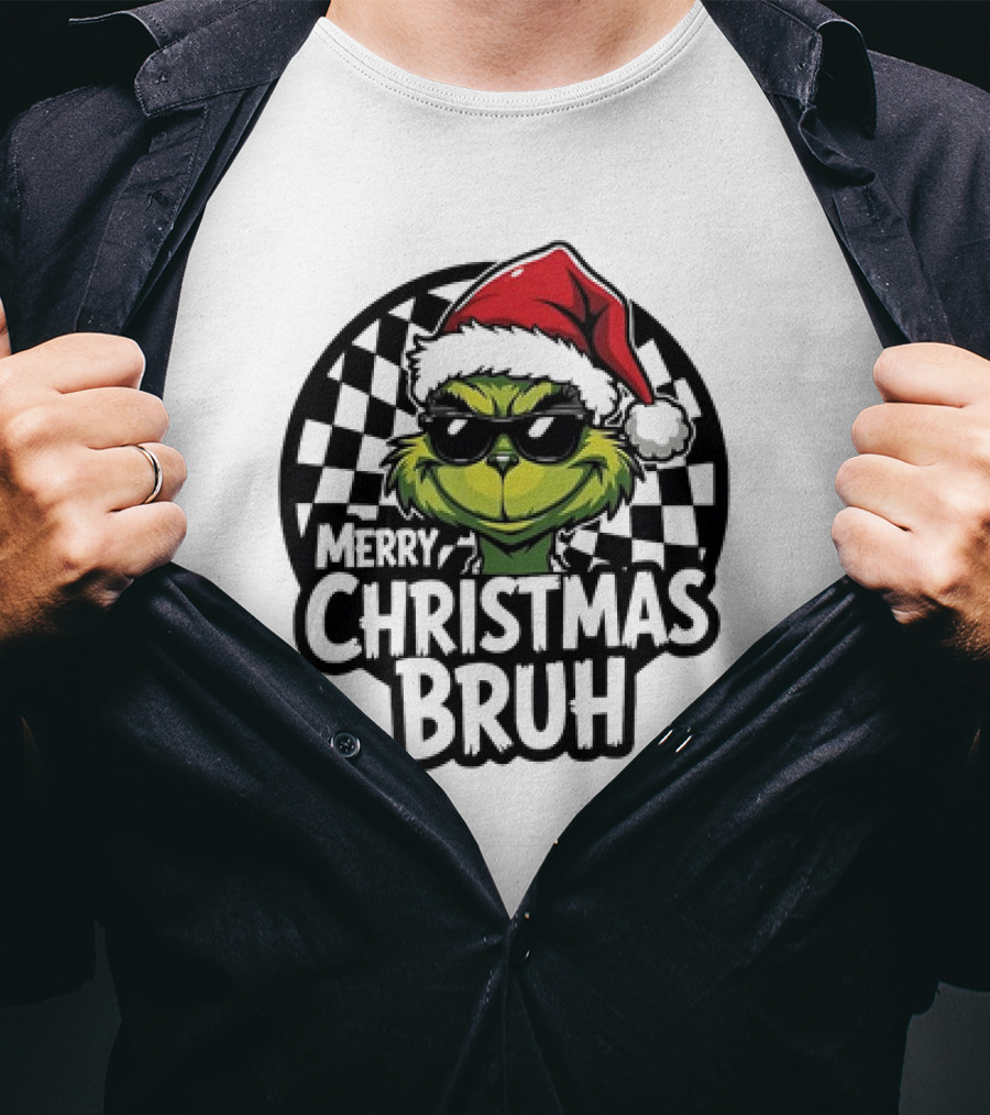 Merry Christmas Bruh Grinch With Santa Hat And Checkered Flags T-Shirt