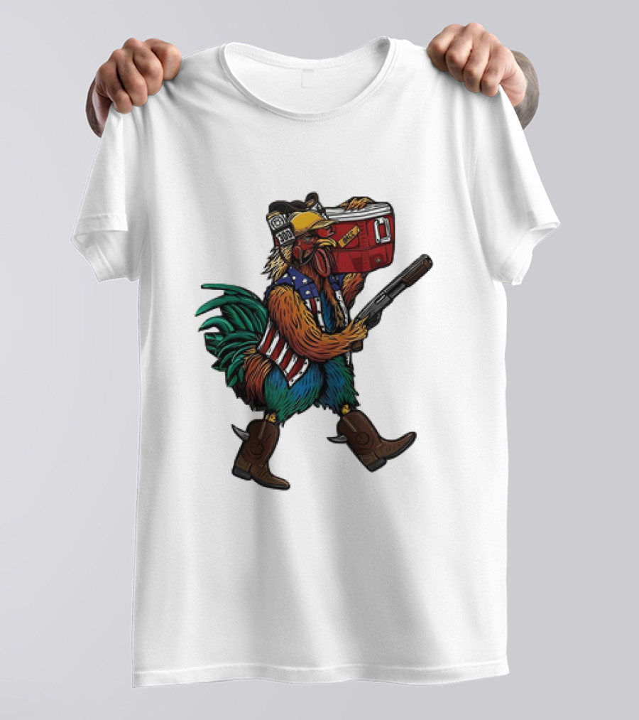 Merica Tacticock Chicken Patriotic Rooster With Beer Cooler And Shotgun T-Shirt