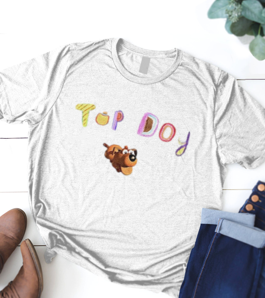 Top Dog Cartoon Character Playful Typography T-Shirt