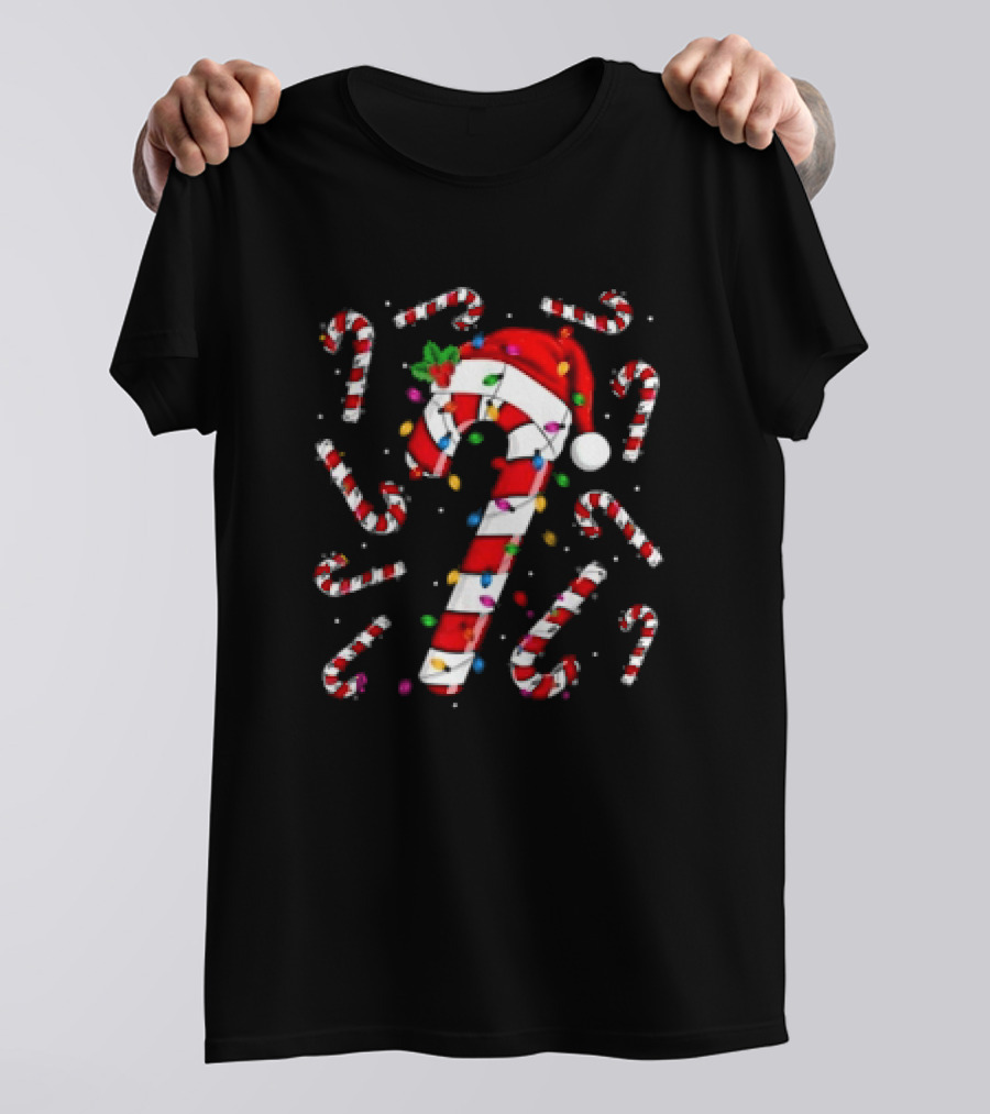 Santa Hat Red And White Candy Cane With Colorful Christmas Lights T-Shirt