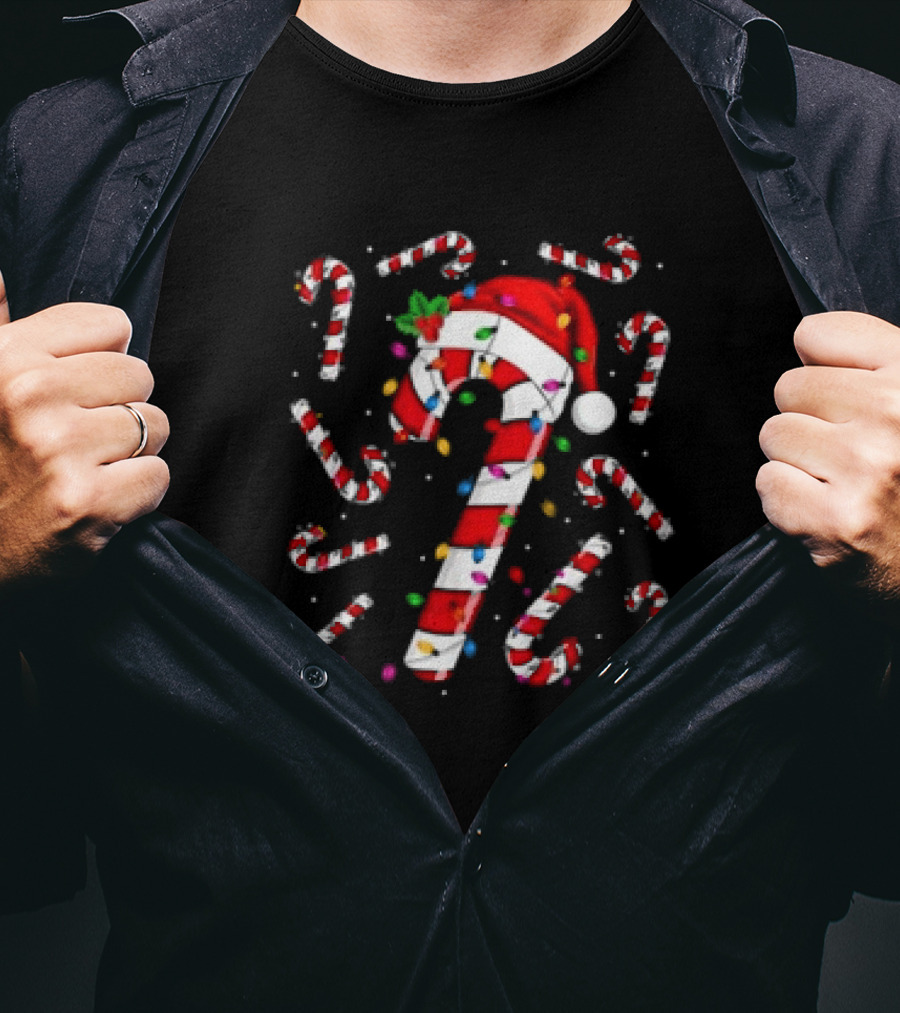 Santa Hat Red And White Candy Cane With Colorful Christmas Lights T-Shirt