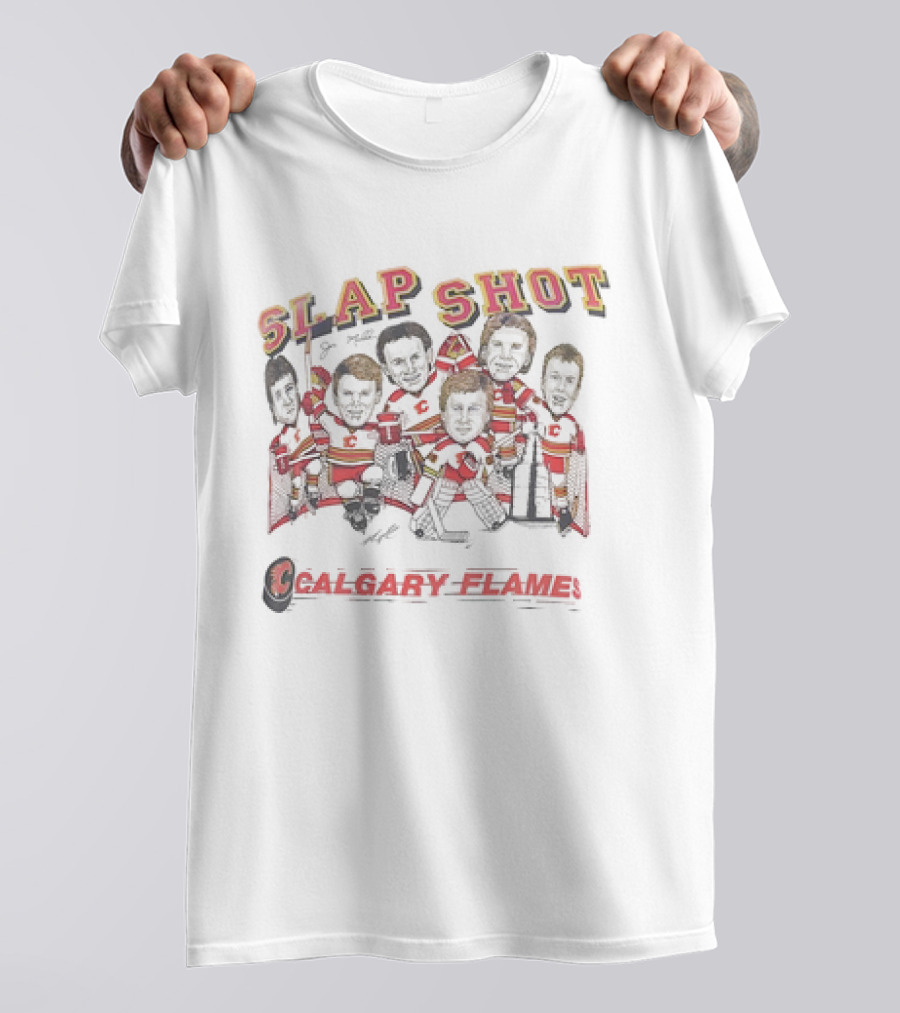 Calgary Flames NHL Hockey Team Slap Shot Caricature Vintage T-Shirt
