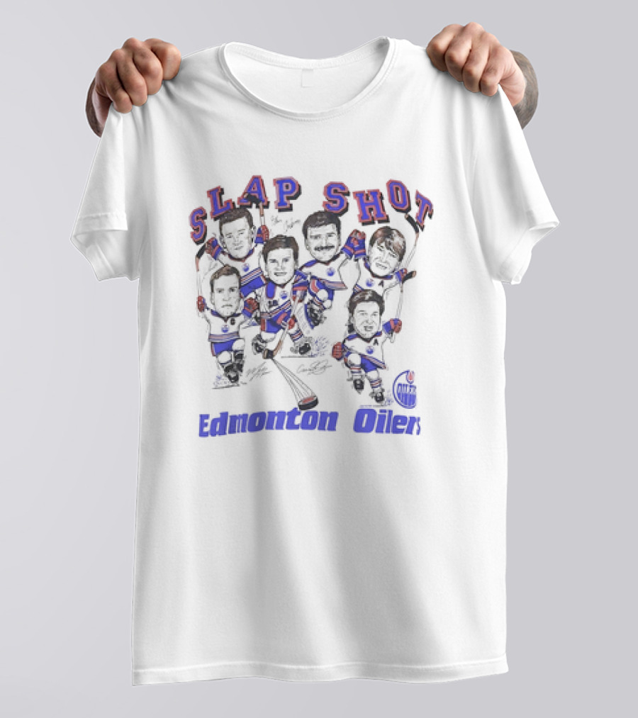 Edmonton Oilers Slap Shot NHL Hockey Team Caricature Vintage T-Shirt