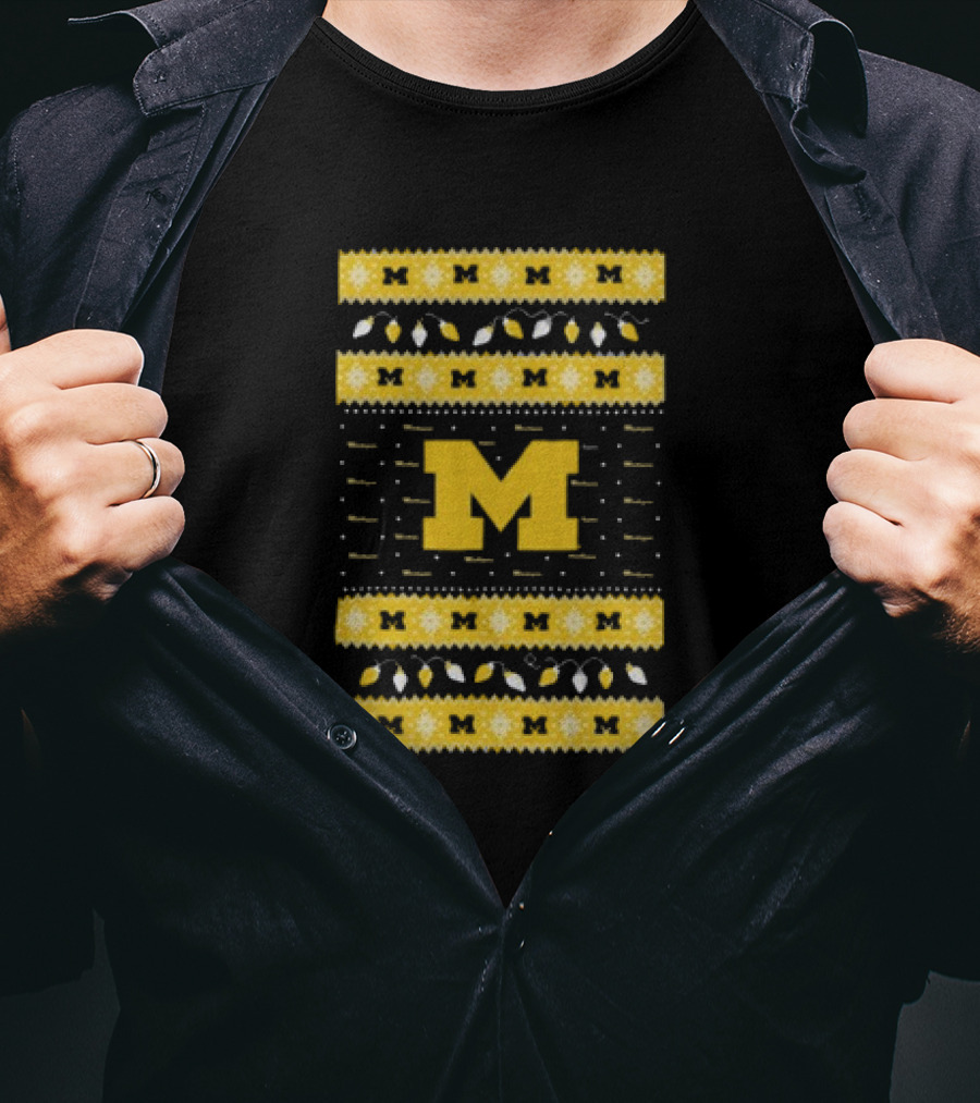 Michigan Wolverines Ugly Christmas Sweater Lights T-Shirt