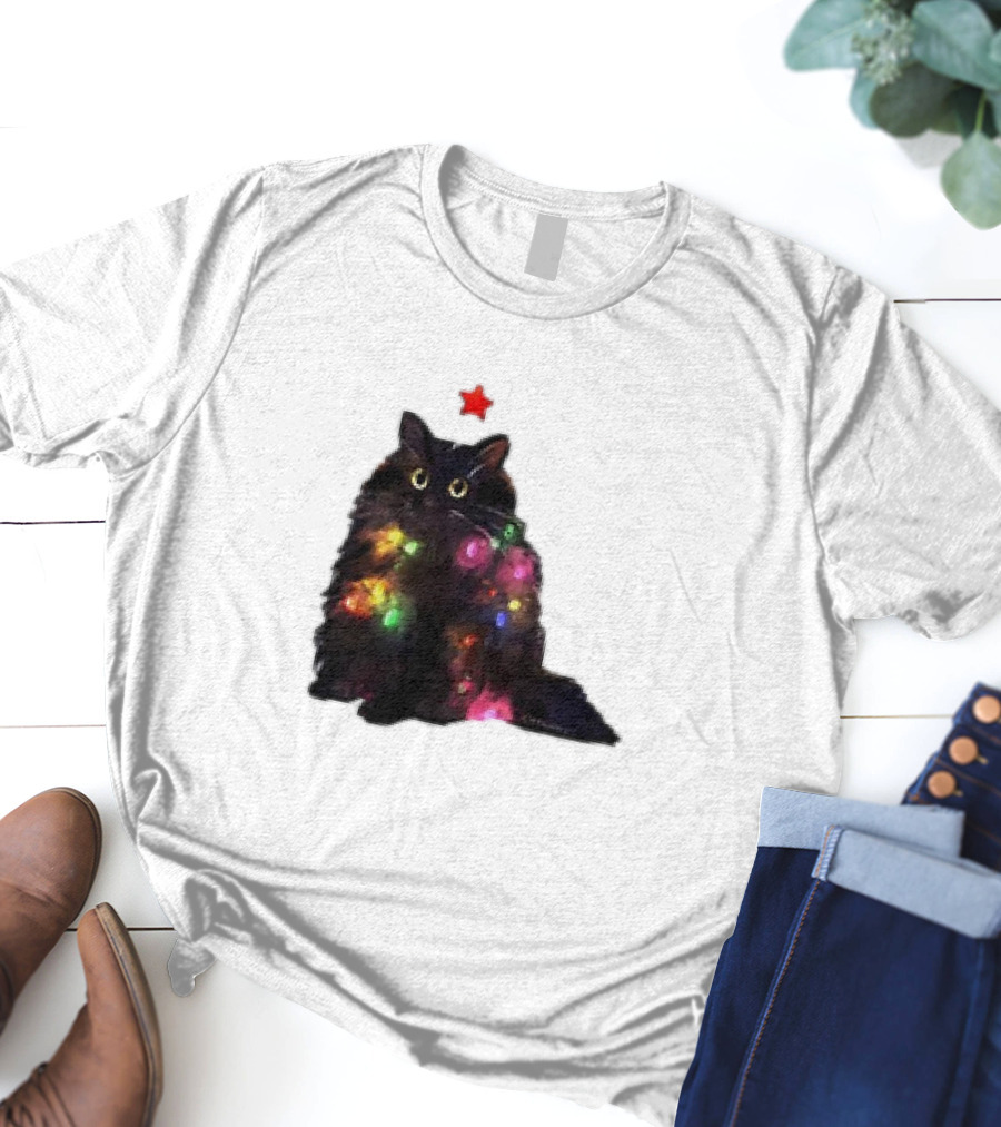 Black Cat Wrapped In Colorful Christmas Lights With Red Star T-Shirt