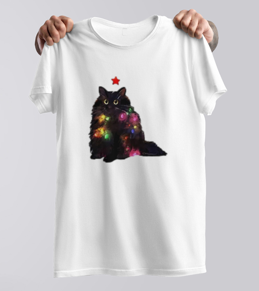 Black Cat Wrapped In Colorful Christmas Lights With Red Star T-Shirt