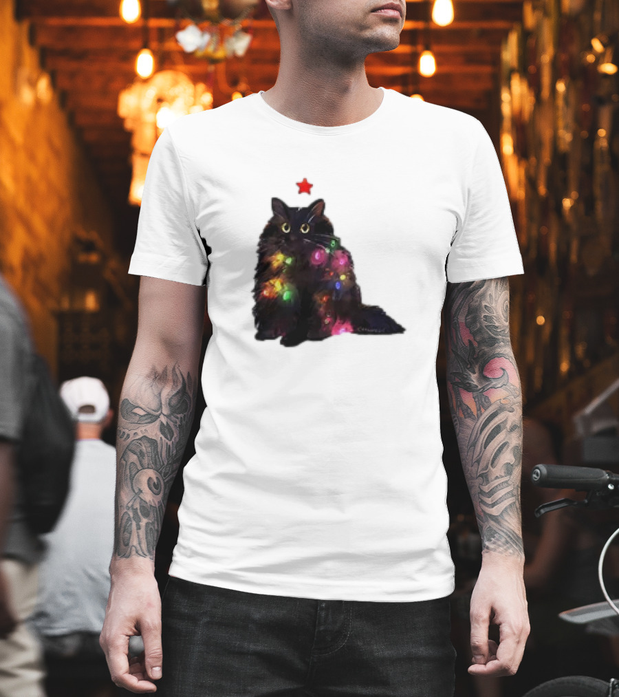 Black Cat Wrapped In Colorful Christmas Lights With Red Star T-Shirt