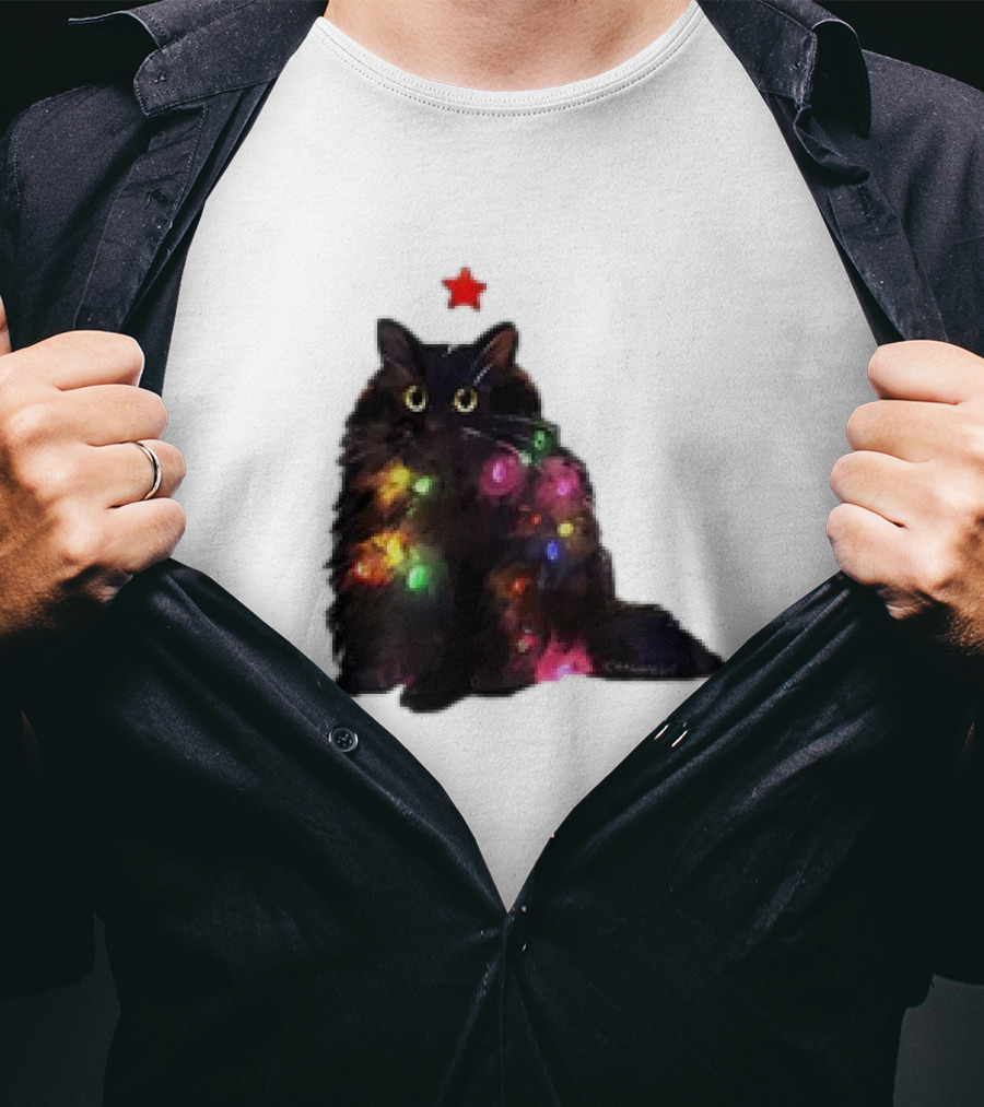 Black Cat Wrapped In Colorful Christmas Lights With Red Star T-Shirt