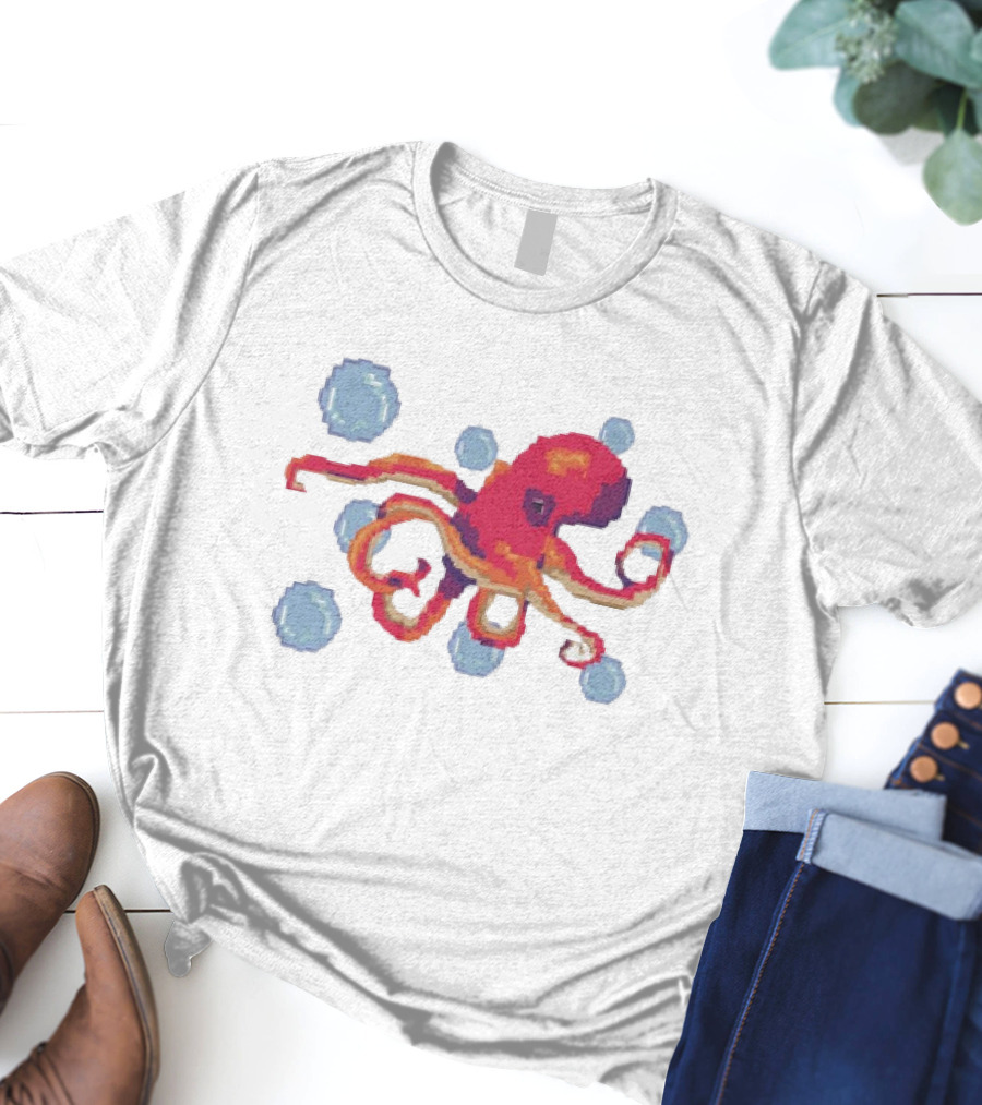 Octopus Swimming Through Blue Bubbles Pixel T-Shirt