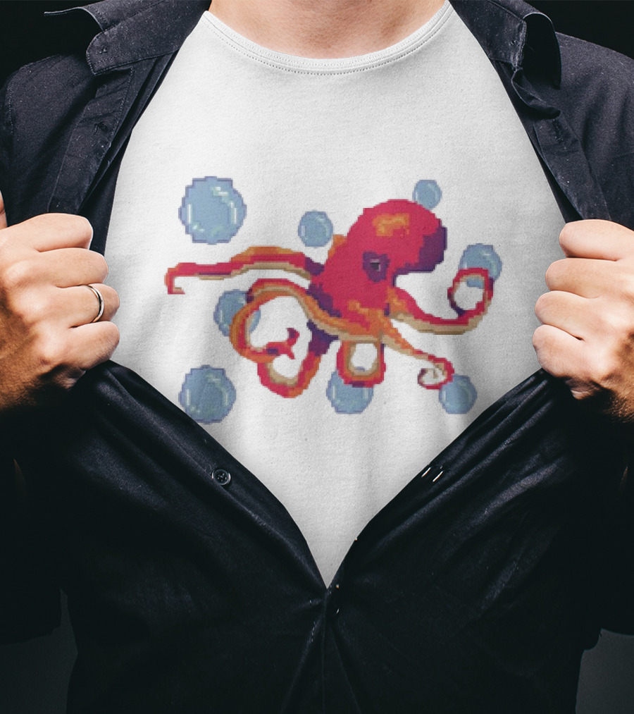 Octopus Swimming Through Blue Bubbles Pixel T-Shirt
